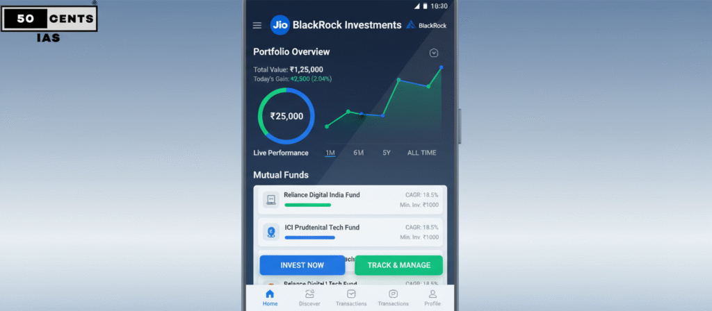 Jio BlackRock digital investment app interface showing portfolio overview and mutual fund tracking