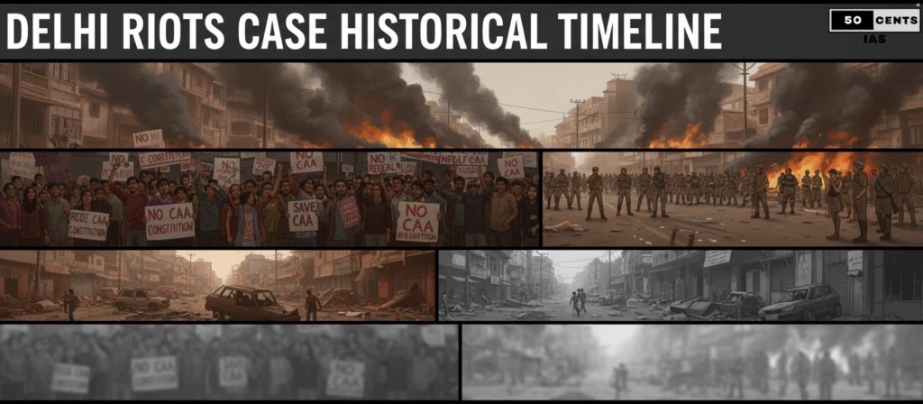 Delhi riots case historical timeline CAA protests violence police deaths 50 CENTS IAS logo branding