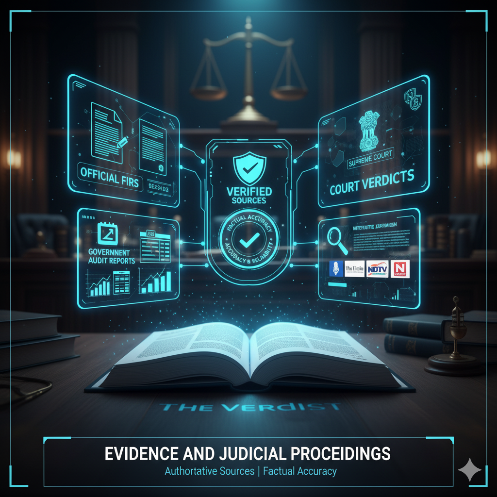 Image depicting official FIRs, court verdicts, government audit reports, and investigative journalism, all pointing to verified sources for factual accuracy and reliability in legal and political analysis.