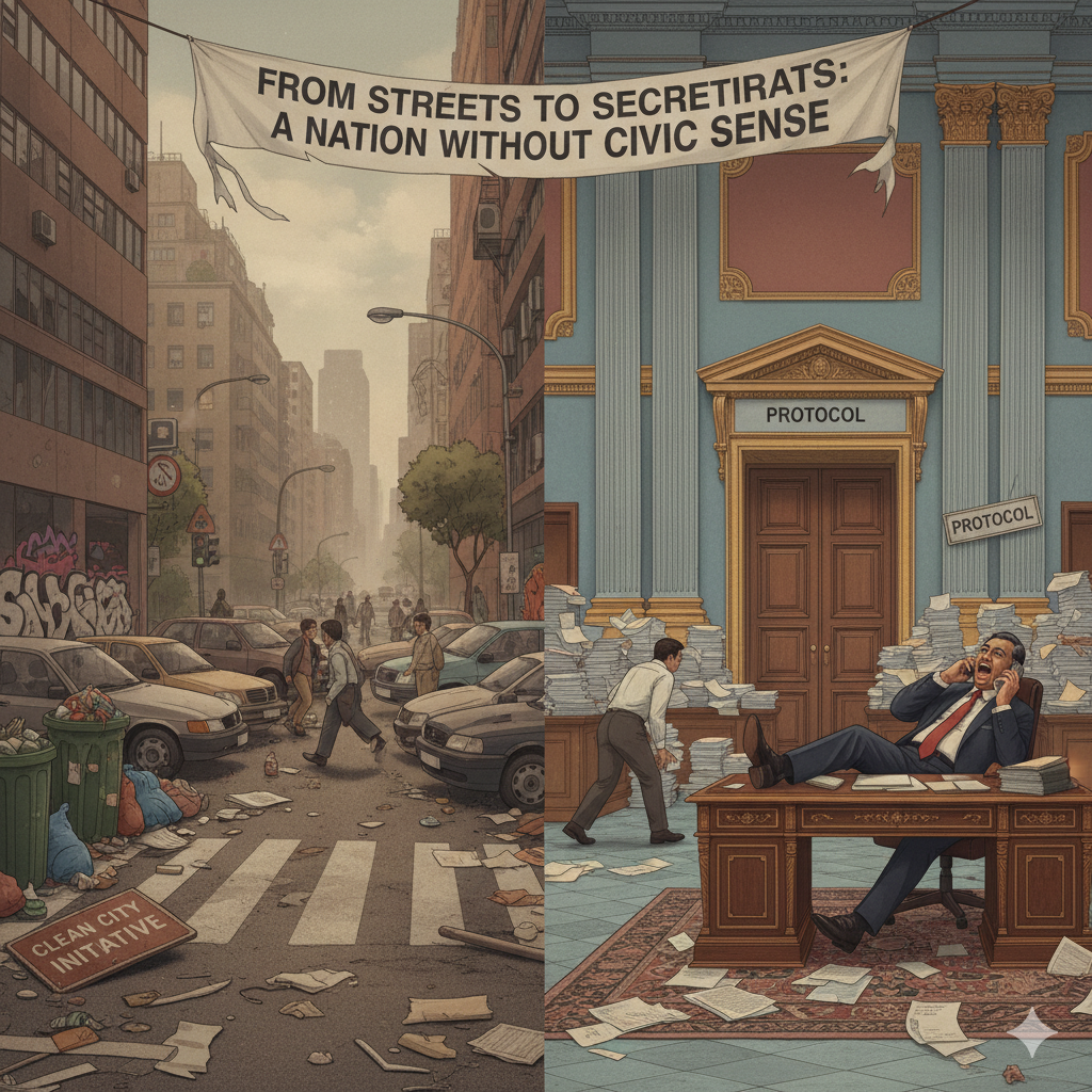 Street scene in an Indian city showing a large government building in the background, a busy street with cars and motorcycles, and a foreground of litter scattered around an overflowing public trash can with a dog scavenging. A mural of a tree growing from hands is visible on a dilapidated wall to the left. A bustling Indian urban landscape contrasting a grand secretariat building with a highly littered street and sidewalk, an overflowing bin, and pedestrians. The image visually represents a lack of civic sense in public areas.