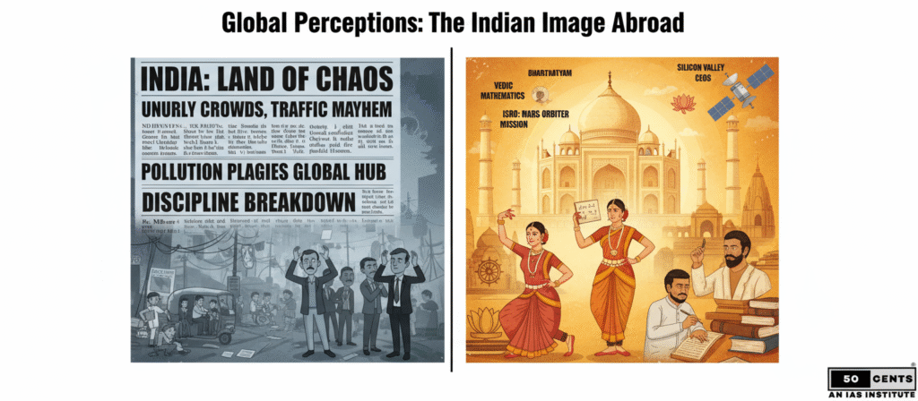 Split image showing global stereotypes of Indians abroad with negative behavior on the left and India’s rich cultural and intellectual heritage on the right, featuring a small 50 CENTS IAS Institute logo at the bottom right.