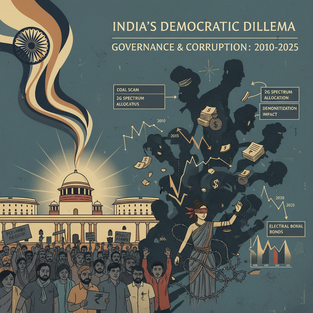 Ultra-realistic depiction of Indian parliament judiciary and politicians under the cloud of corruption 2010-2025 with subtle 50 CENTS logo for international education branding