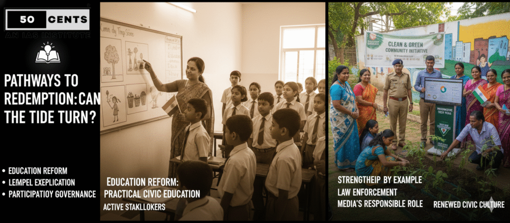Split image featuring an Indian classroom with a teacher pointing to civic education illustrations, and a community clean-up event with people planting saplings and interacting with law enforcement, symbolizing renewed civic culture. The 50 Cents IAS Institute logo is at the top left.