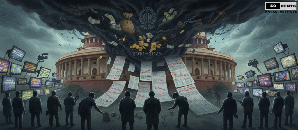 Ultra-realistic illustration of India's democratic institutions facing political corruption (2010-2025), designed for an international UPSC audience, with small 50 CENTS AN IAS INSTITUTE logo in upper right corner.