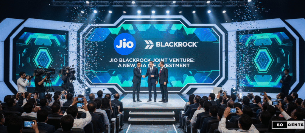 Jio BlackRock collaboration launch event photo with executives and audience, branded with 50 CENTS IAS logo