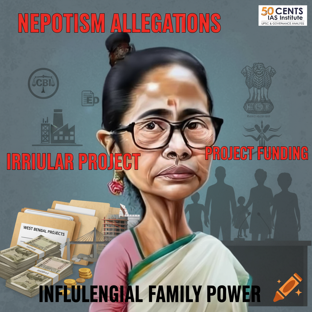 Mamata Banerjee political controversy image showing nepotism allegations, project funding irregularities, family influence symbolism, and 50 CENTS IAS Institute branding for UPSC governance study
