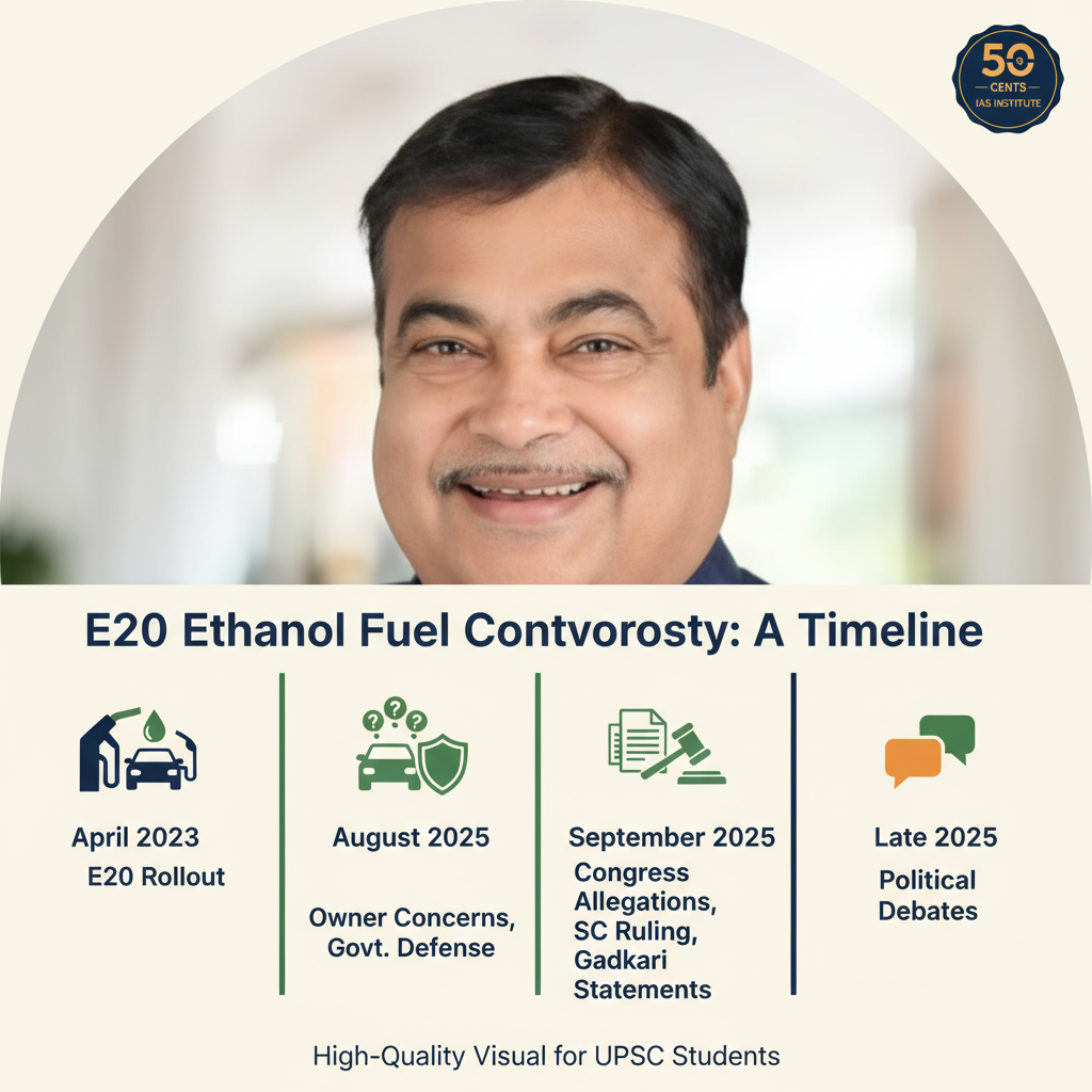 Timeline of Nitin Gadkari E20 ethanol fuel controversy with official photo, showing key events from 2023 to 2025, branded with 50 CENTS IAS Institute logo