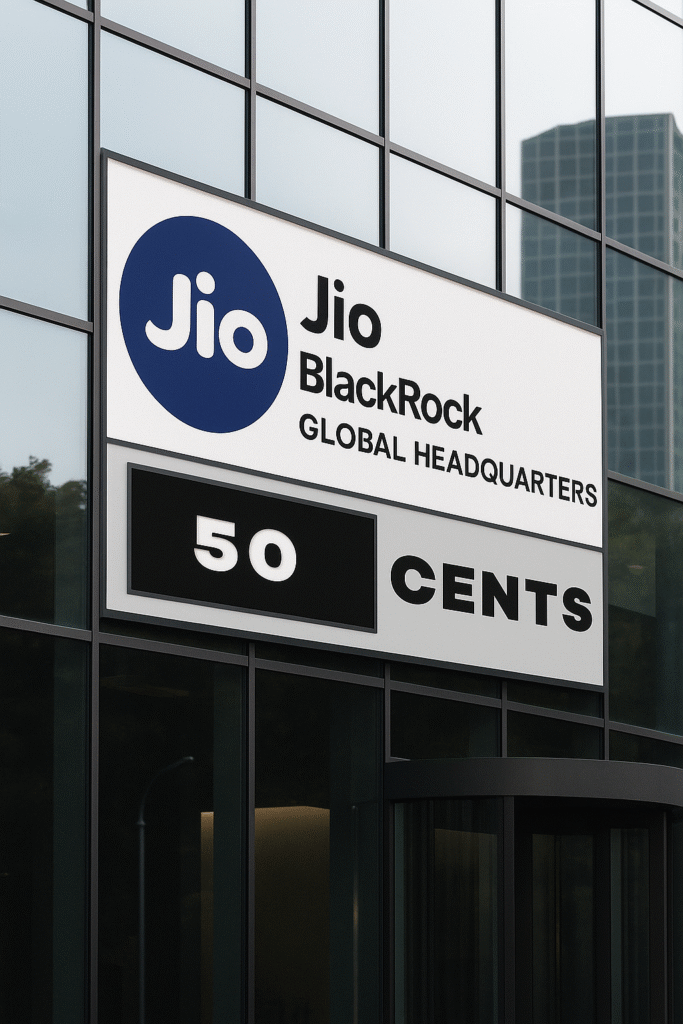 Jio BlackRock collaboration global headquarters modern office building with 50 CENTS IAS branding