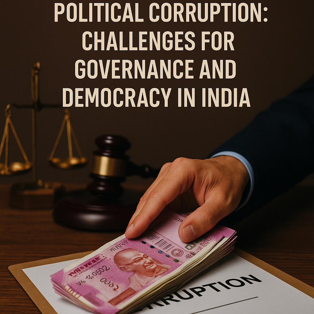 A hand placing Indian currency on a document labeled “Corruption,” with a gavel and justice scales in the background, symbolizing political corruption in India.