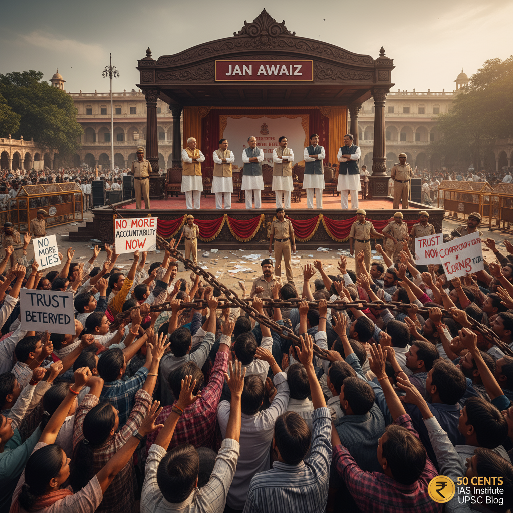 Image showing Indian citizens protesting angrily against political corruption and governance failures, with justice symbols and protest signs, branded by 50 CENTS IAS Institute for UPSC and political blogs