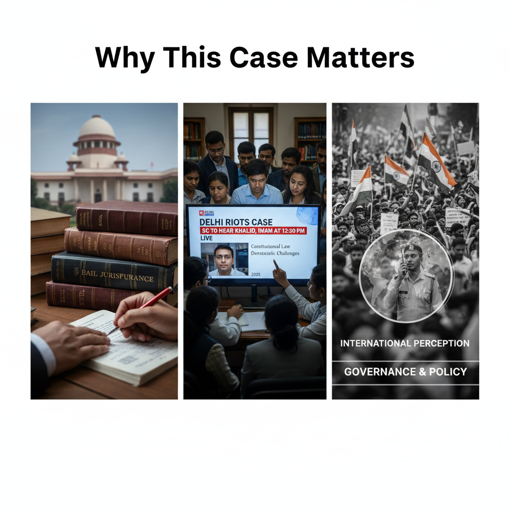 Infographic showing the significance of the Supreme Court hearing on Umar Khalid and Sharjeel Imam’s bail plea in the 2020 Delhi riots case and its impact on Indian constitutional law.