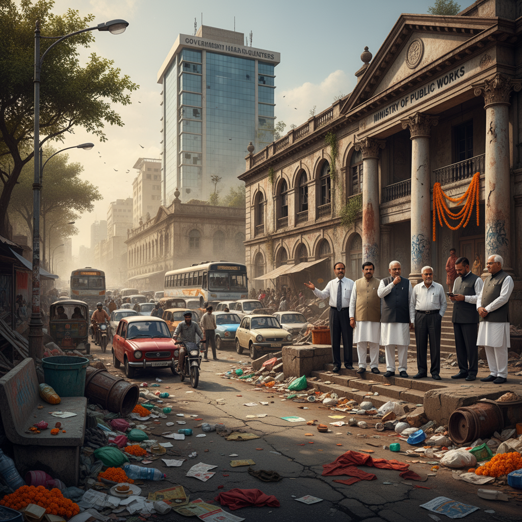 Image depicting urban civic neglect in India with littered streets, traffic chaos, damaged public infrastructure, and political leaders alongside IAS/IPS offices showing apathy and indifference.