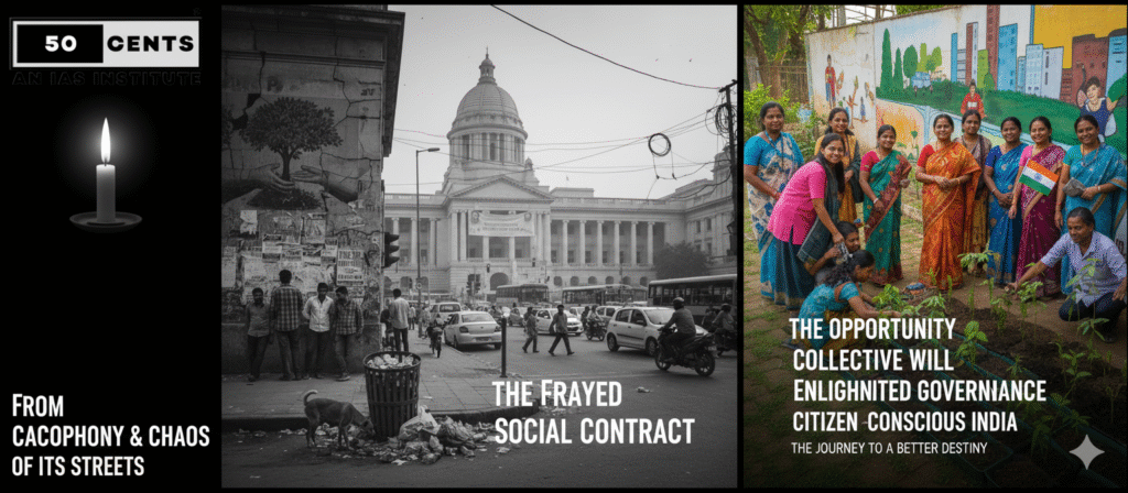 A poignant depiction of India’s stark reality—chaotic streets symbolizing civic neglect transitioning into quiet, hopeful government secretariats, emphasizing an emotional narrative of collective struggle and resilience. Includes 50 CENTS IAS Institute logo for genuine branding.
