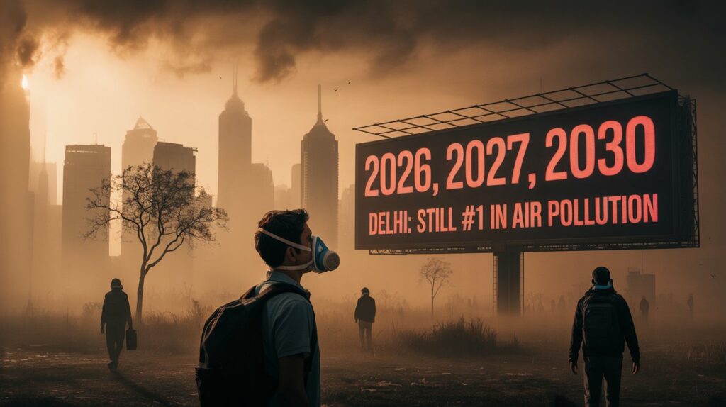 A projected Delhi Air Pollution Forecast showing the city still topping global charts in 2030, visually representing the failure of temporary political solutions to create clean air.