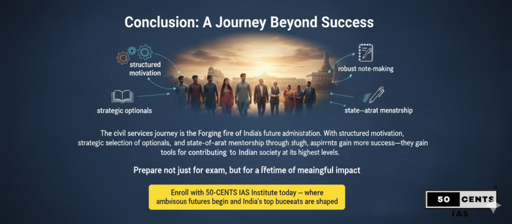 Motivational image showing UPSC journey beyond exam success with 50 CENTS IAS Institute branding.