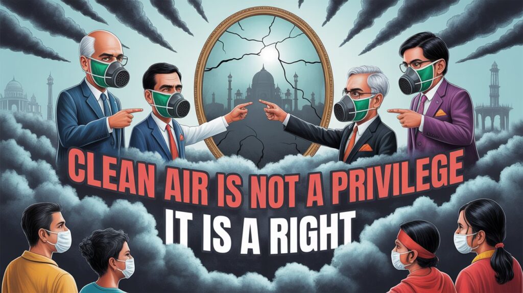 Delhi citizens wearing masks indoors, sarcastic protest banners, call to action for clean air rights, 50-CENTS IAS