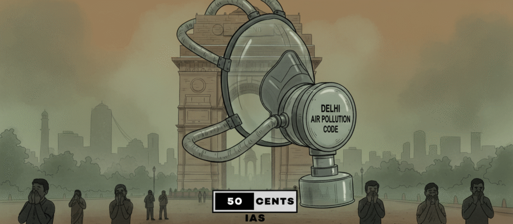 Delhi Air Pollution Code oxygen mask illustration on India Gate with 50-CENTS IAS branding