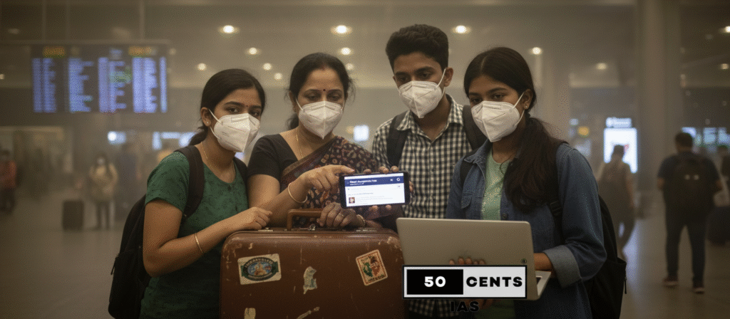 Delhi family at airport in pollution masks, passports in hand, emigration ads trending, 50-CENTS IAS branding, emotional and sarcastic depiction of air pollution migration