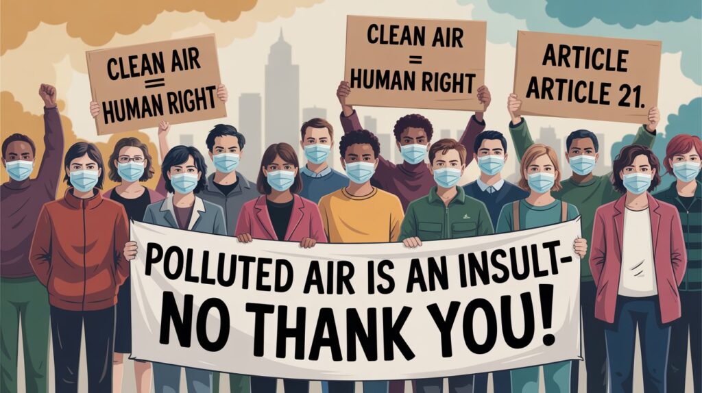 Delhi citizens with masks protesting for clean air rights, dignity and awareness banners, 50-CENTS IAS branding