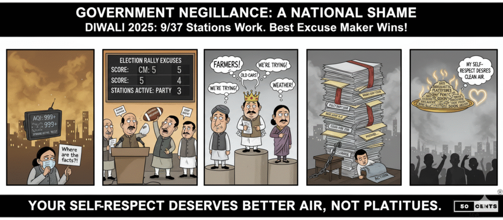Sarcastic collage illustrating Delhi air pollution government negligence: only 9 of 37 air quality stations working during high AQI, politicians passing blame like a football, chief ministers making excuses (farmers, old cars, weather), stacks of 'confined to files' policies, and citizens demanding better air over bureaucratic platitudes
