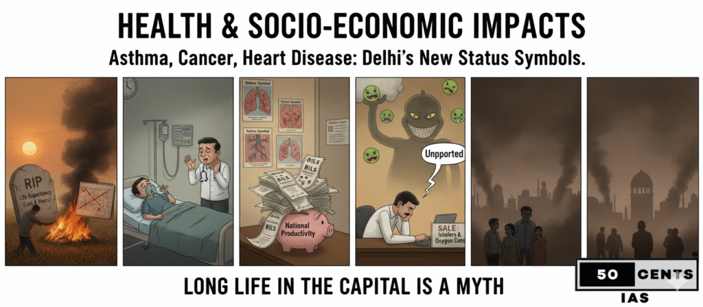 Sarcastic collage depicting the severe Delhi pollution health impacts: a man burning life expectancy, a patient with a doctor, a piggy bank drowning in medical bills representing national productivity loss, a person selling oxygen, and a skyline with masked people under smog.