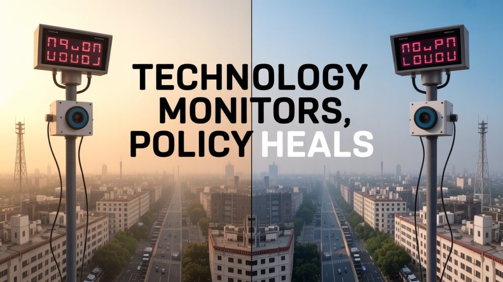 Sarcastic image showing technology (AI sensors, ANPR cameras) being ignored by bureaucrats drowning in files, illustrating the Delhi pollution policy paralysis, where fancy tech fails due to lack of strict enforcement.