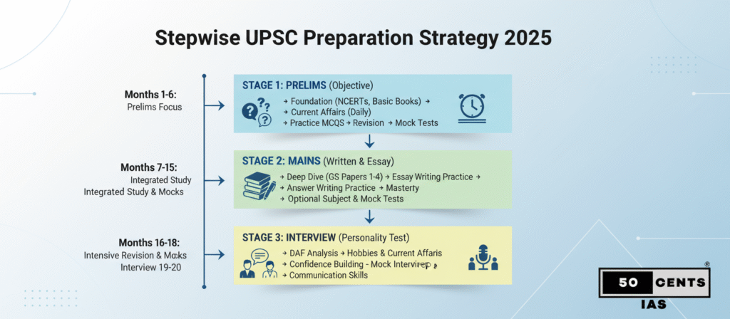 Stepwise UPSC preparation strategy infographic for 2025 by 50 CENTS IAS, showing prelims, mains, interview.