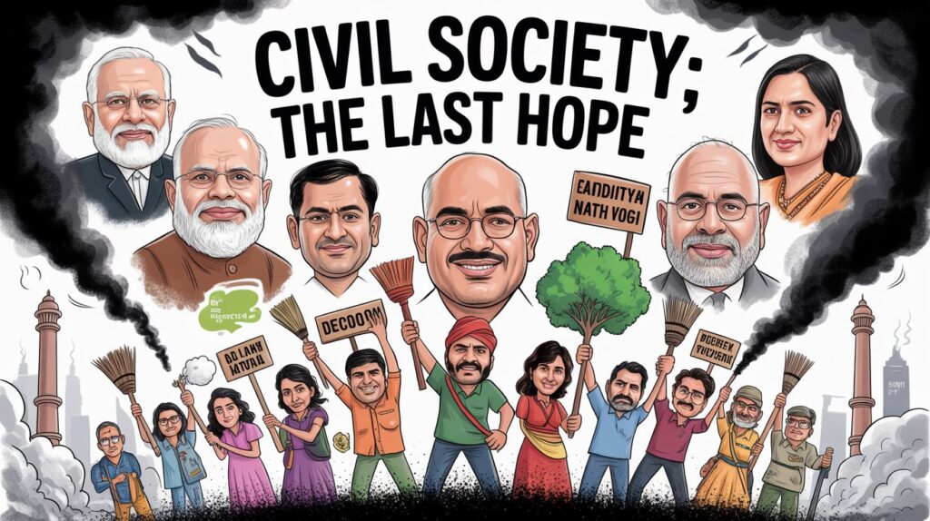 Delhi Civil Society air pollution action – NGOs, citizens, tree plantation, protest, advocacy, 50-CENTS IAS